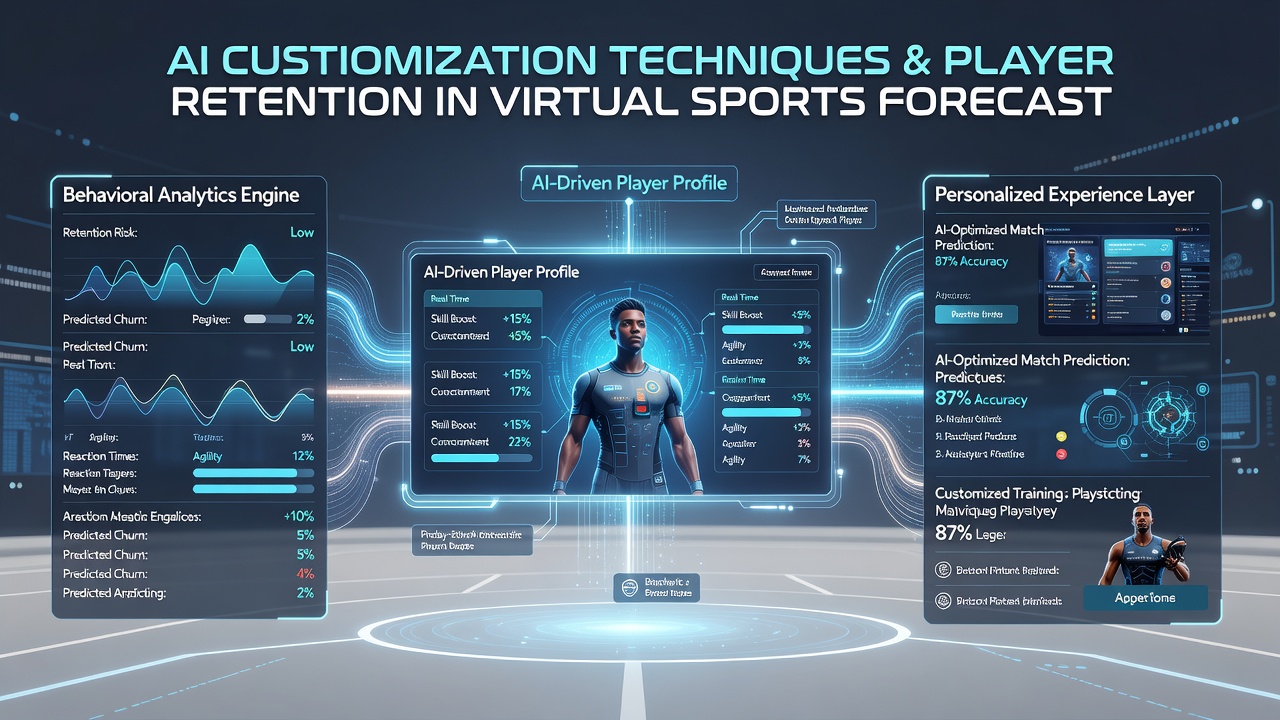 Mobile screen displaying adaptive AI interface with customized virtual sports prediction tools and retention metrics overlay