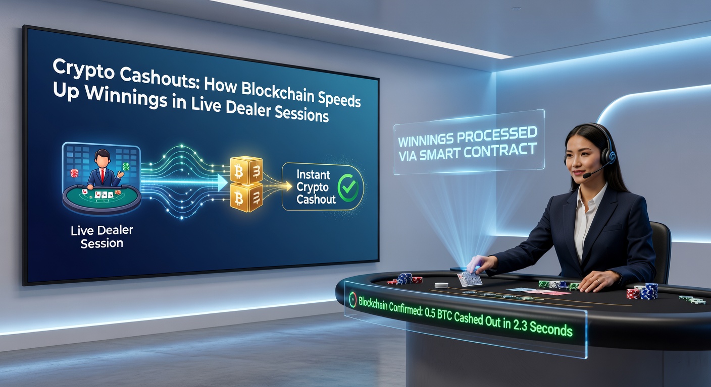Live dealer at a high-tech table with holographic blockchain overlays showing transaction confirmations speeding towards a digital wallet