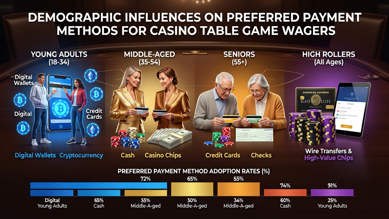 Infographic showing age and income groups selecting different payment options at casino tables including cards cash and digital wallets