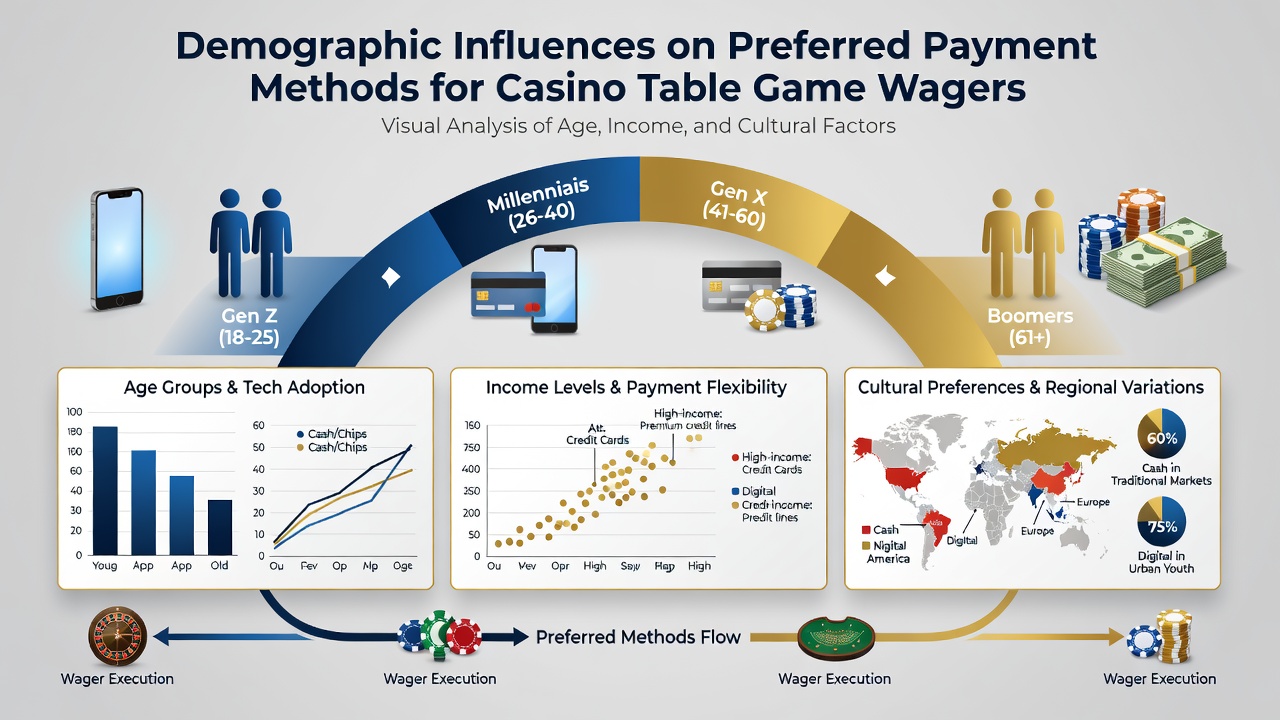 Chart comparing regional payment preferences for table games with percentages for cash cards and crypto across US Canada and European markets