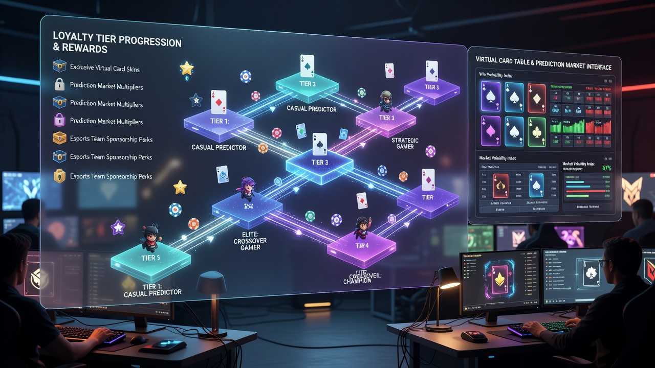 Close-up of smartphone screen showing prediction market interface with tier progression bars and esports crossover rewards