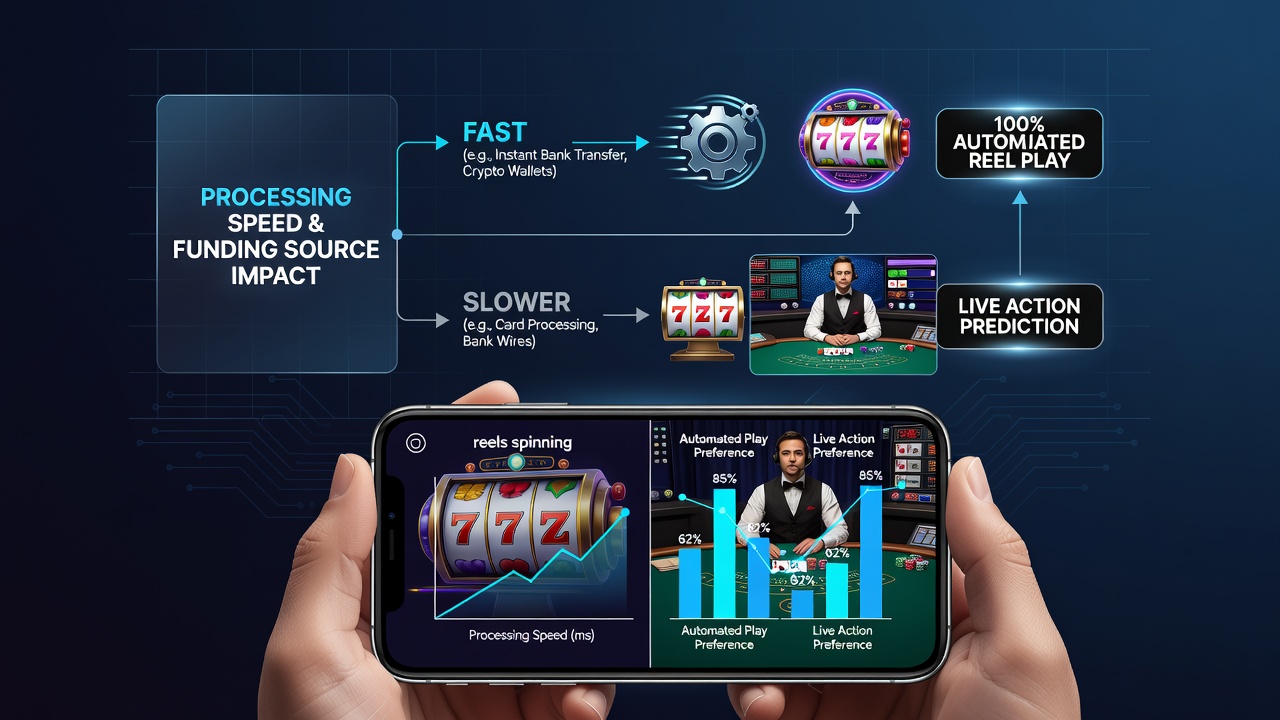 Smartphone screen showing casino funding options with processing time indicators next to reel games and live prediction interfaces