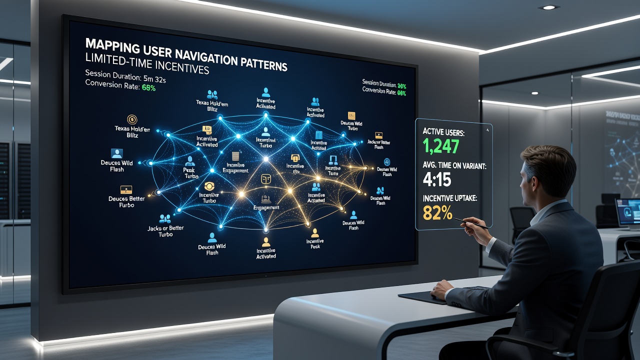 Analytics dashboard displaying user flow diagrams for mobile sports betting and poker promotions