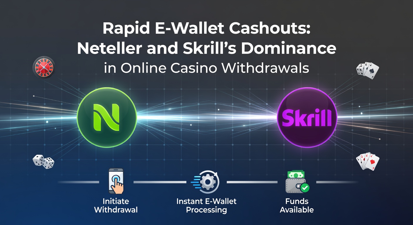 Digital e-wallets Neteller and Skrill icons overlaid on casino chips and fast withdrawal graphics, highlighting speed in online gaming transactions