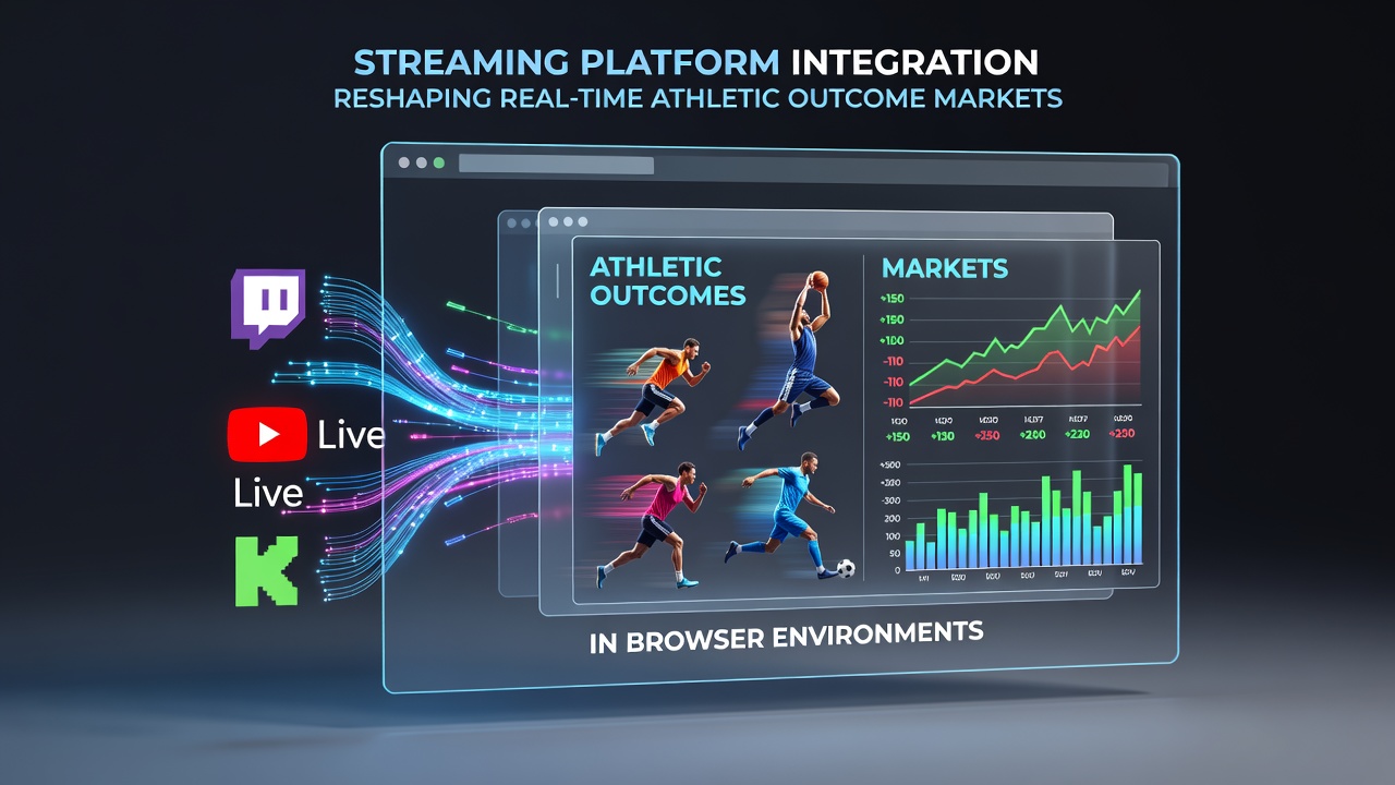Browser interface displaying integrated streaming and live athletic outcome markets with real-time data overlays