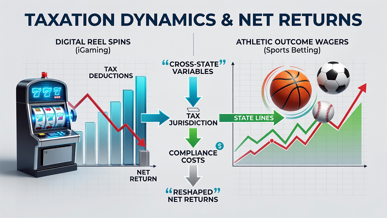 State tax variations affecting online slot and sports betting returns illustrated with maps and charts