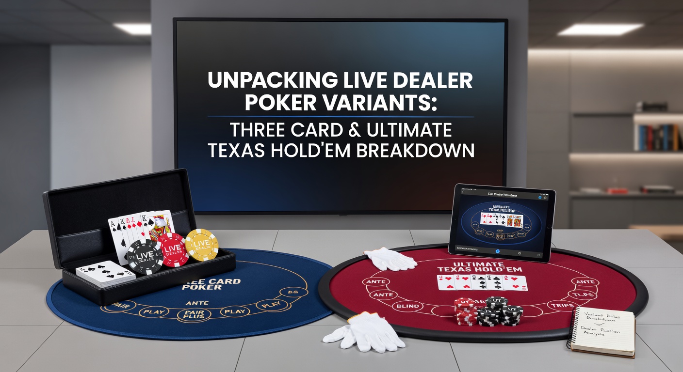 Live dealer table setup featuring Three Card Poker cards and chips under bright casino lights
